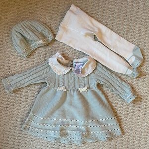Baby Girl Dress, Hat, Tights Set - 3-6M